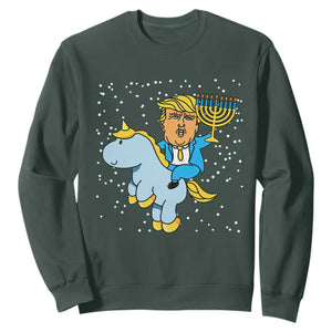 Funny Hanukkah Trump Sweatshirt Riding Unicorn Menorah Jewish Chanukah Gift TS02 Dark Forest Green Print Your Wear