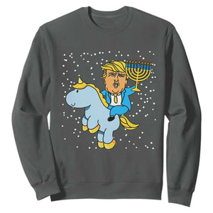 Funny Hanukkah Trump Sweatshirt Riding Unicorn Menorah Jewish Chanukah Gift TS02 Dark Heather Print Your Wear