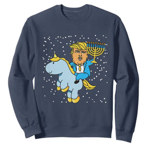 Funny Hanukkah Trump Sweatshirt Riding Unicorn Menorah Jewish Chanukah Gift TS02 Navy Print Your Wear