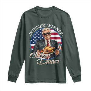 Trump Won 2024 Winner Long Sleeve Shirt Funny Winner Chicken Dinner American Flag TS02 Dark Forest Green Print Your Wear