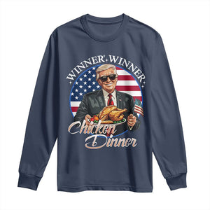 Trump Won 2024 Winner Long Sleeve Shirt Funny Winner Chicken Dinner American Flag TS02 Navy Print Your Wear