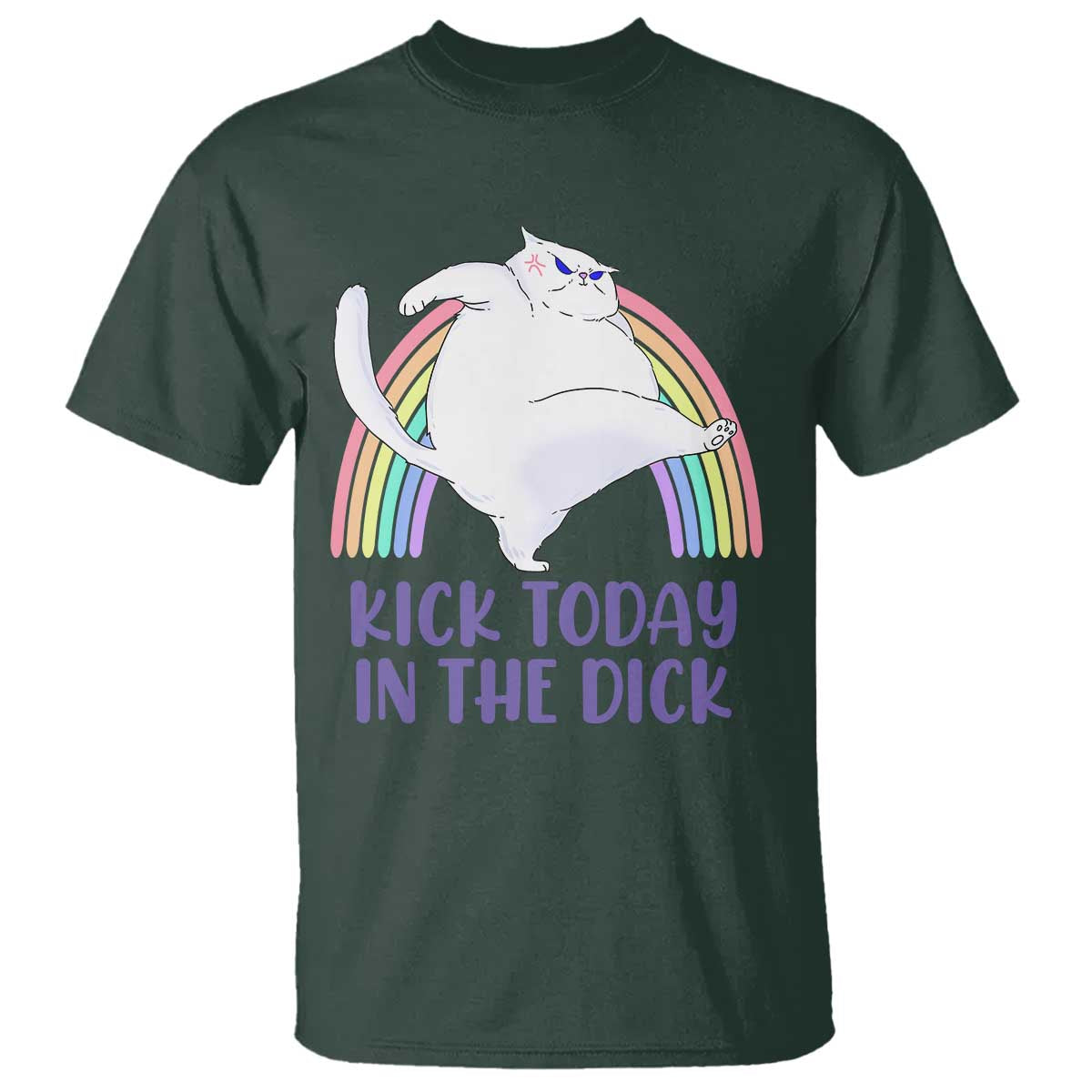 Funny Sarcastic Cat T Shirt Kick Today In The Dick Pastel Rainbow TS02 Dark Forest Green Print Your Wear