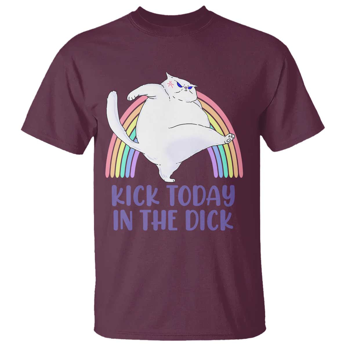 Funny Sarcastic Cat T Shirt Kick Today In The Dick Pastel Rainbow TS02 Maroon Print Your Wear