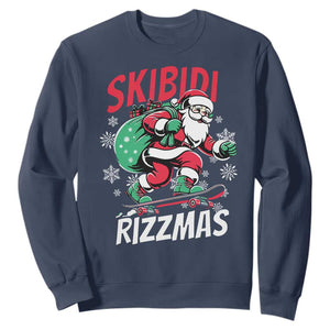 Funny Santa Rizz Christmas Sweatshirt Retro Skibidi Rizzmas Claus Skating Board Xmas TS02 Navy Print Your Wear