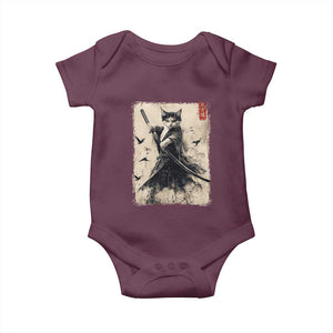 Samurai Cat Graphic Baby Onesie Warrior Vintage Japanese Art Anime TS02 Maroon Print Your Wear