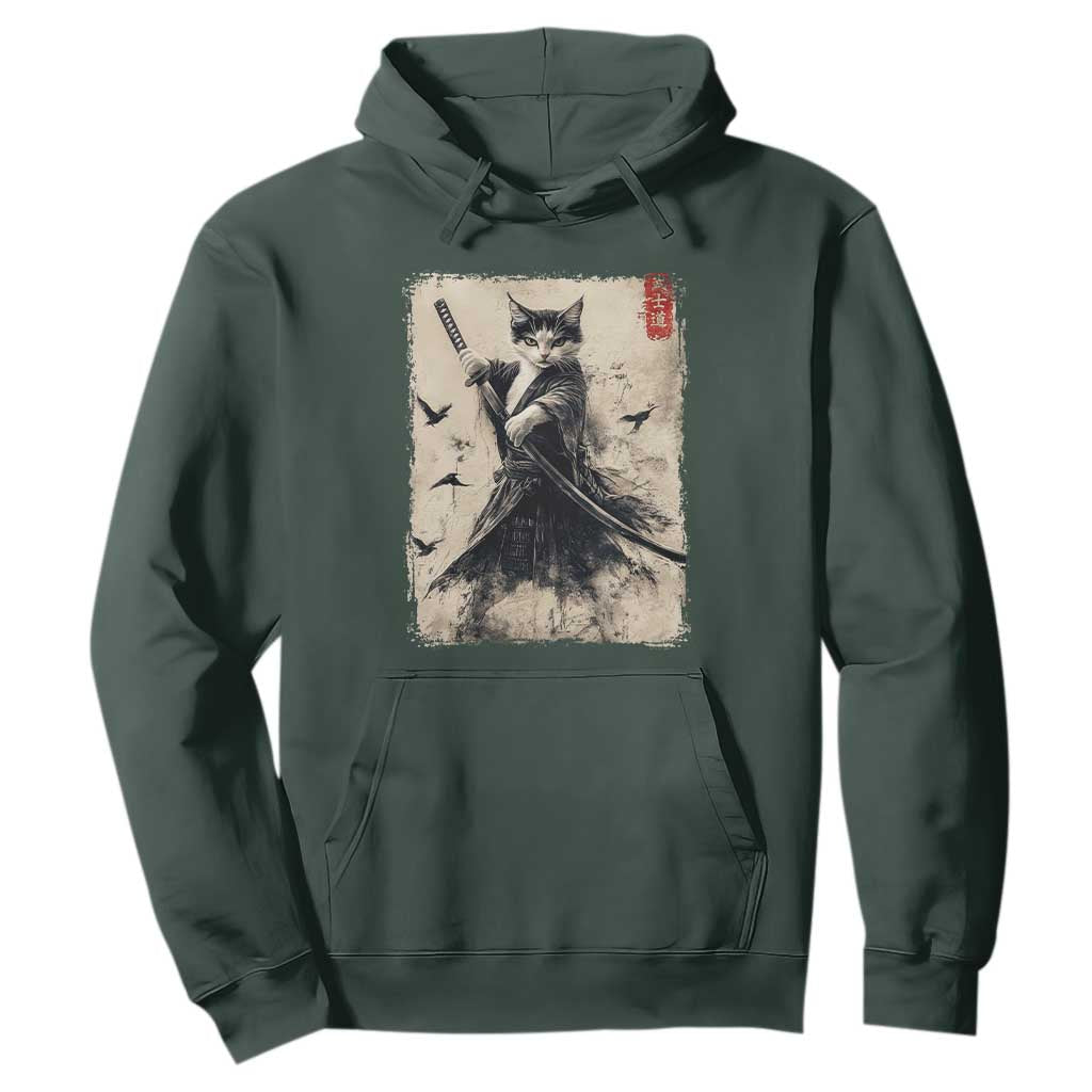 Samurai Cat Graphic Hoodie Warrior Vintage Japanese Art Anime TS02 Dark Forest Green Print Your Wear
