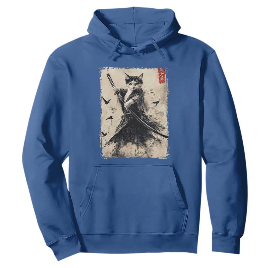 Samurai Cat Graphic Hoodie Warrior Vintage Japanese Art Anime TS02 Royal Blue Print Your Wear