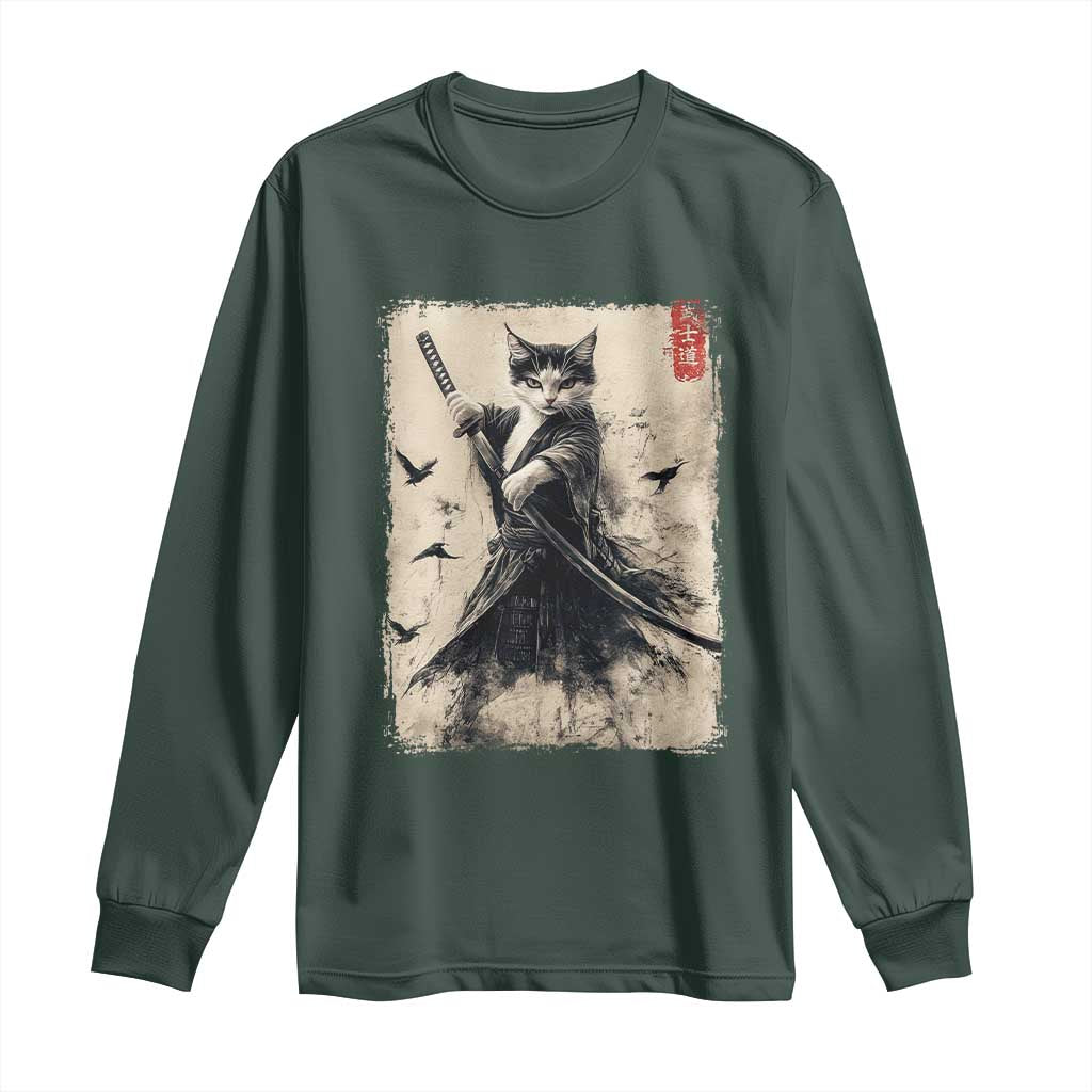 Samurai Cat Graphic Long Sleeve Shirt Warrior Vintage Japanese Art Anime TS02 Dark Forest Green Print Your Wear