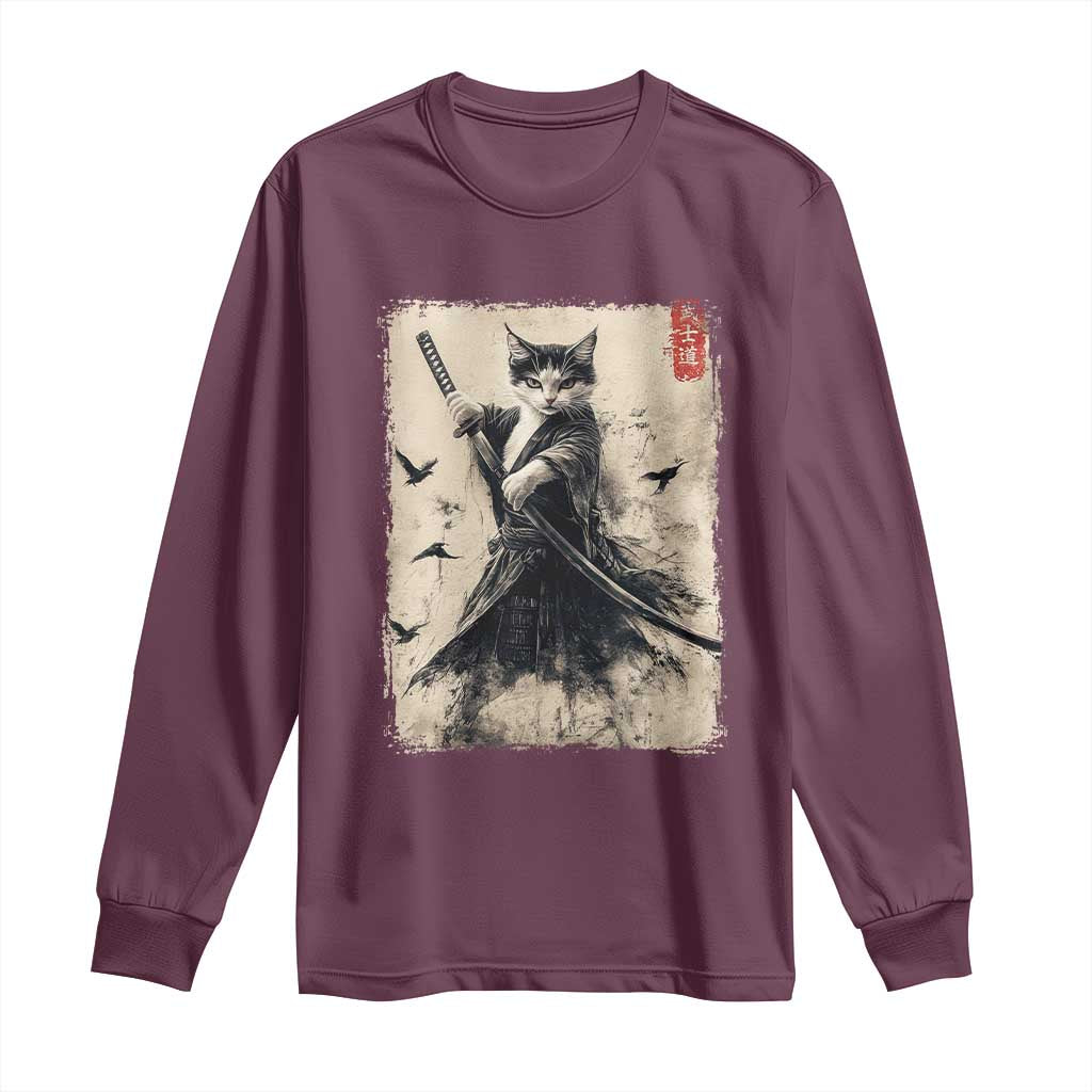 Samurai Cat Graphic Long Sleeve Shirt Warrior Vintage Japanese Art Anime TS02 Maroon Print Your Wear