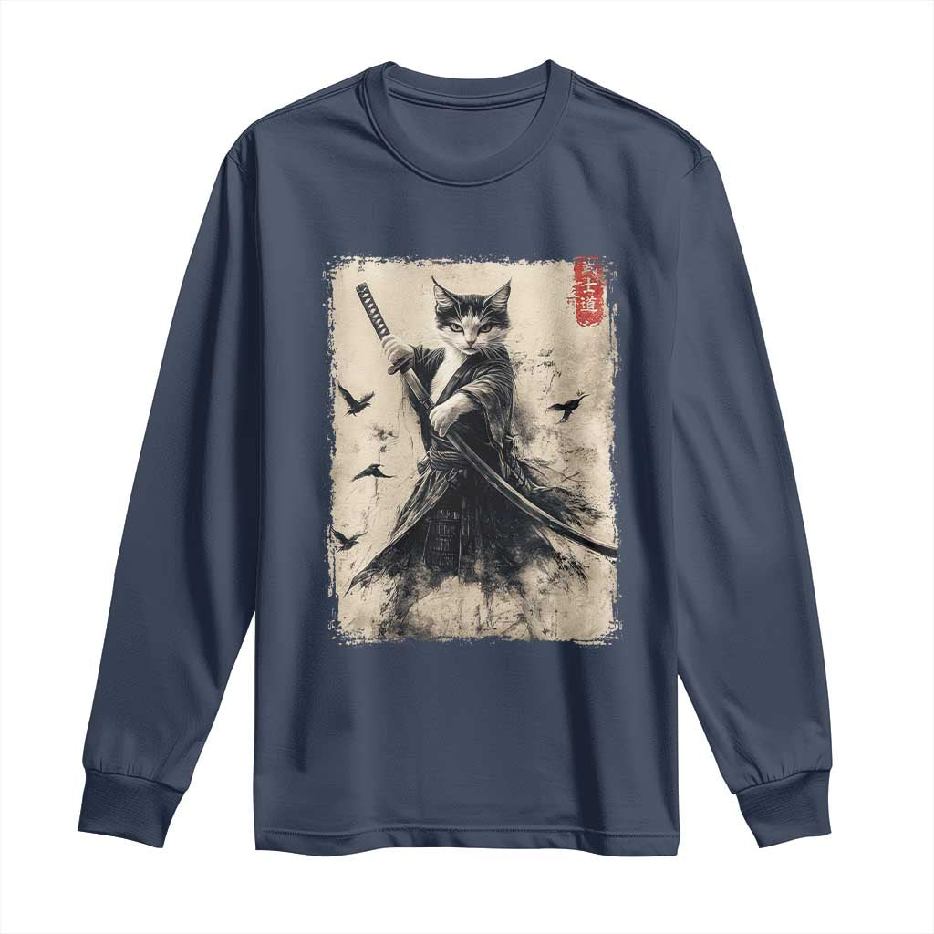 Samurai Cat Graphic Long Sleeve Shirt Warrior Vintage Japanese Art Anime TS02 Navy Print Your Wear