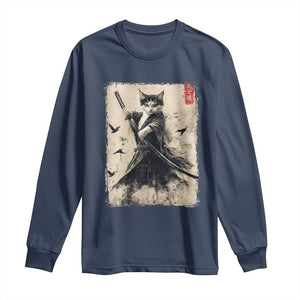 Samurai Cat Graphic Long Sleeve Shirt Warrior Vintage Japanese Art Anime TS02 Navy Print Your Wear