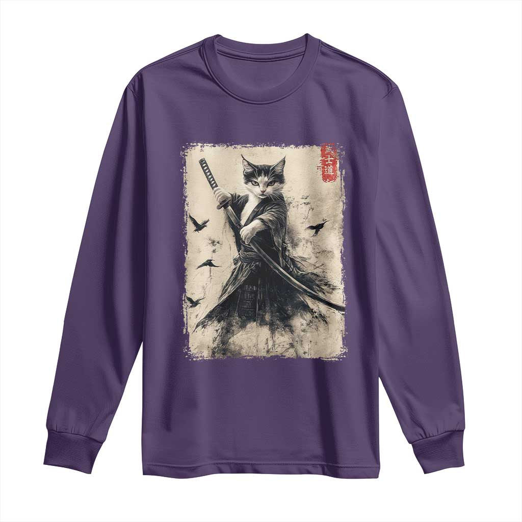 Samurai Cat Graphic Long Sleeve Shirt Warrior Vintage Japanese Art Anime TS02 Purple Print Your Wear