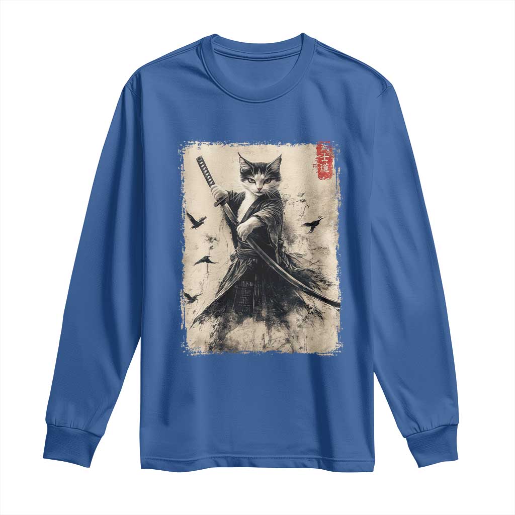 Samurai Cat Graphic Long Sleeve Shirt Warrior Vintage Japanese Art Anime TS02 Royal Blue Print Your Wear