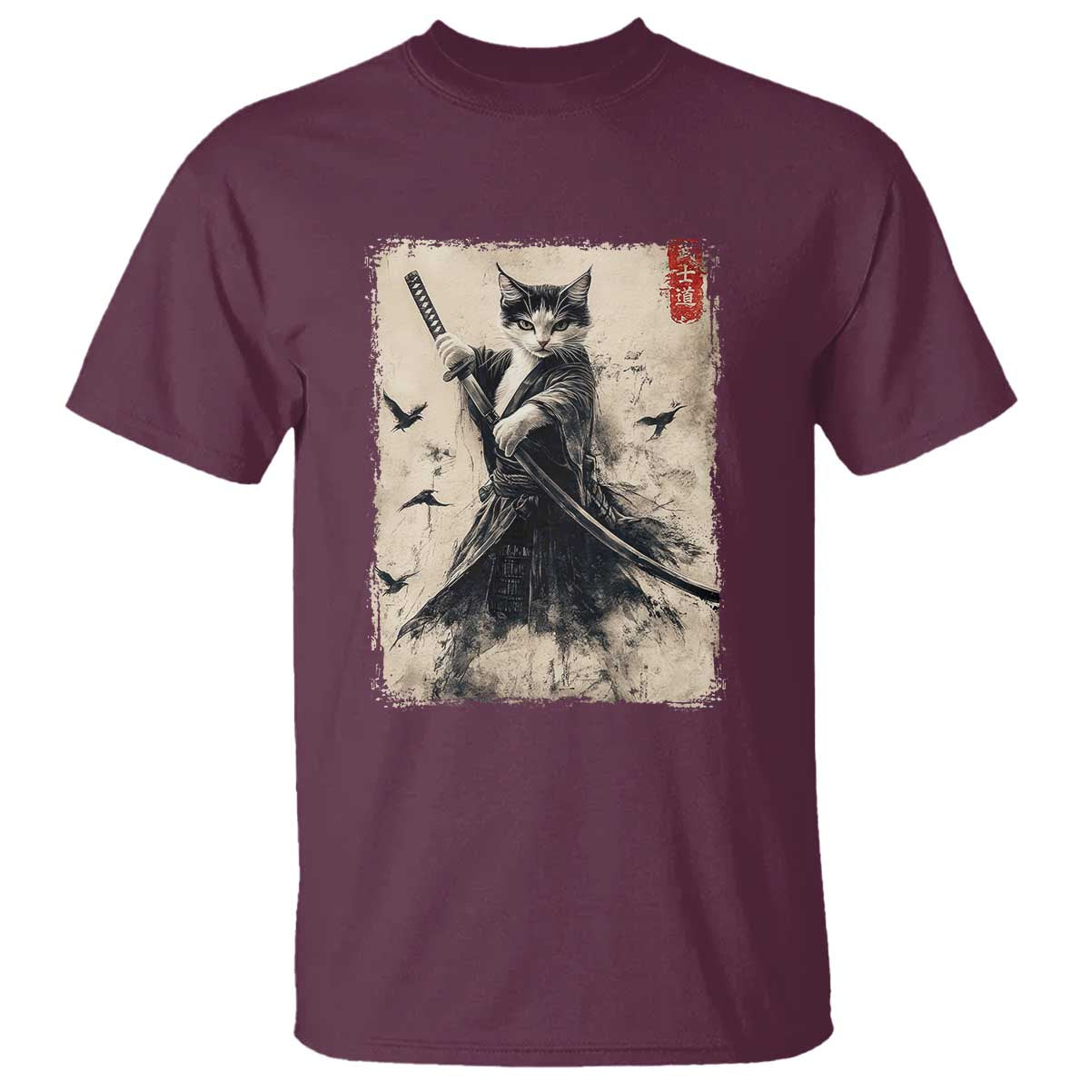 Samurai Cat Graphic T Shirt Warrior Vintage Japanese Art Anime TS02 Maroon Print Your Wear
