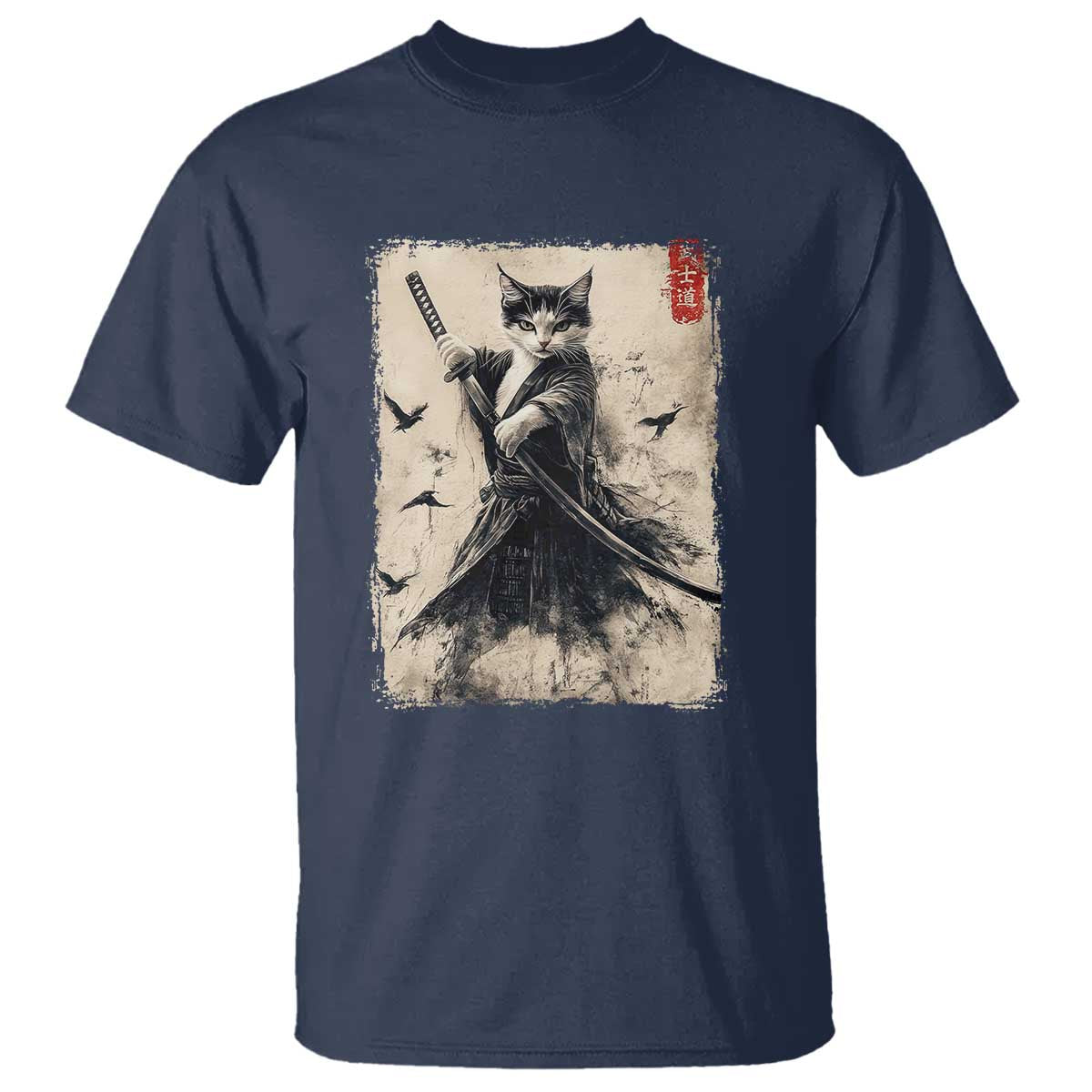 Samurai Cat Graphic T Shirt Warrior Vintage Japanese Art Anime TS02 Navy Print Your Wear