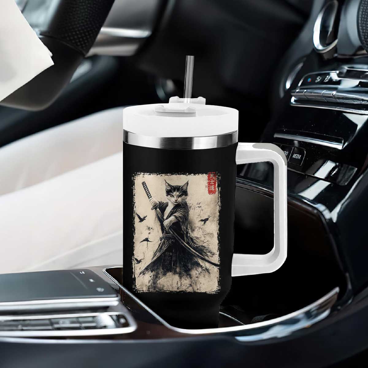 Samurai Cat Graphic Tumbler With Handle Warrior Vintage Japanese Art Anime TS02 Print Your Wear