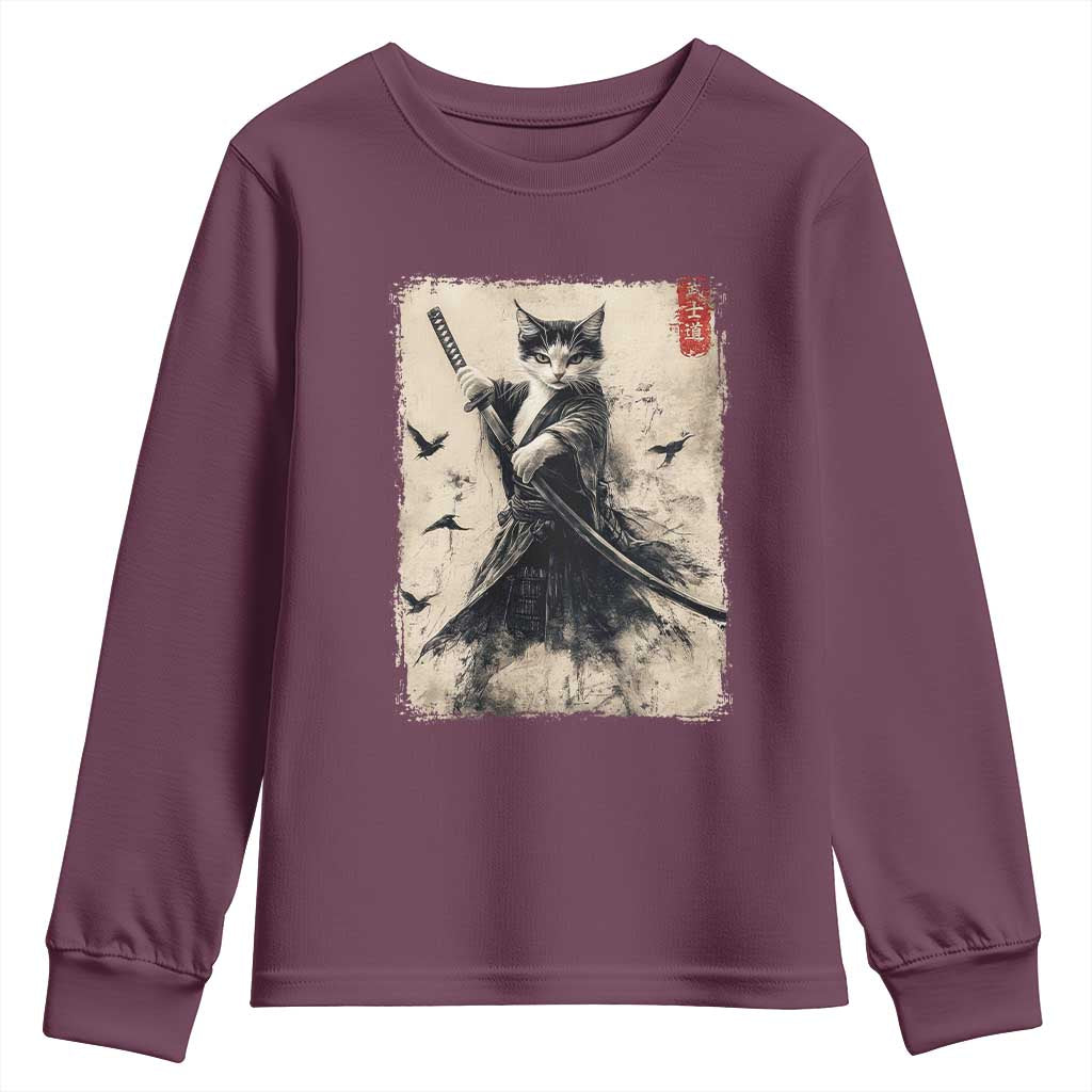 Samurai Cat Graphic Youth Sweatshirt Warrior Vintage Japanese Art Anime TS02 Maroon Print Your Wear