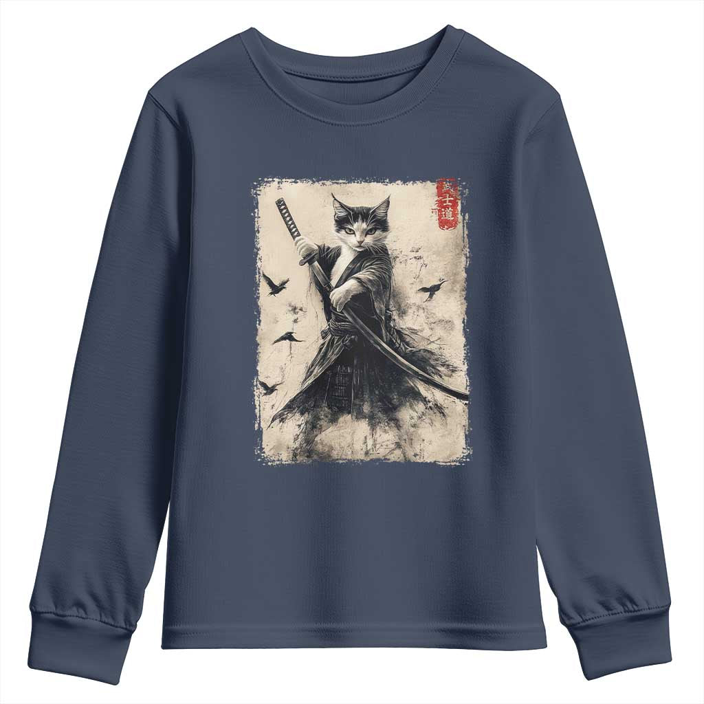 Samurai Cat Graphic Youth Sweatshirt Warrior Vintage Japanese Art Anime TS02 Navy Print Your Wear