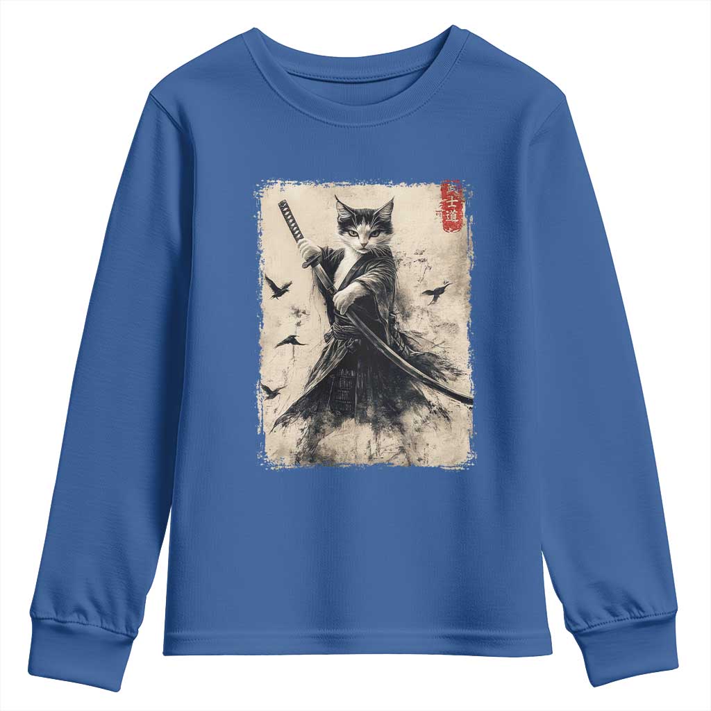 Samurai Cat Graphic Youth Sweatshirt Warrior Vintage Japanese Art Anime TS02 Royal Blue Print Your Wear