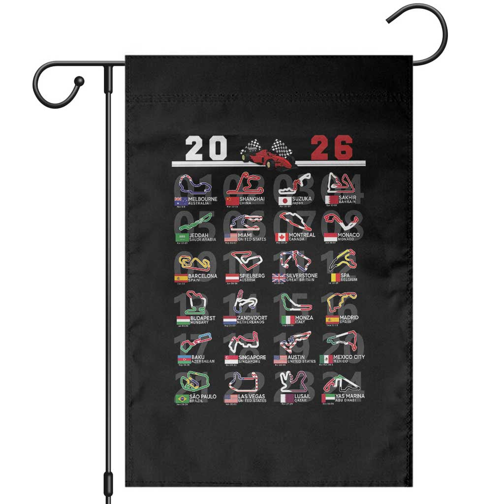 2026 Car Racing Circuit Garden Flag International Race Track Schedule Graphic with Flags TS02 Black Print Your Wear