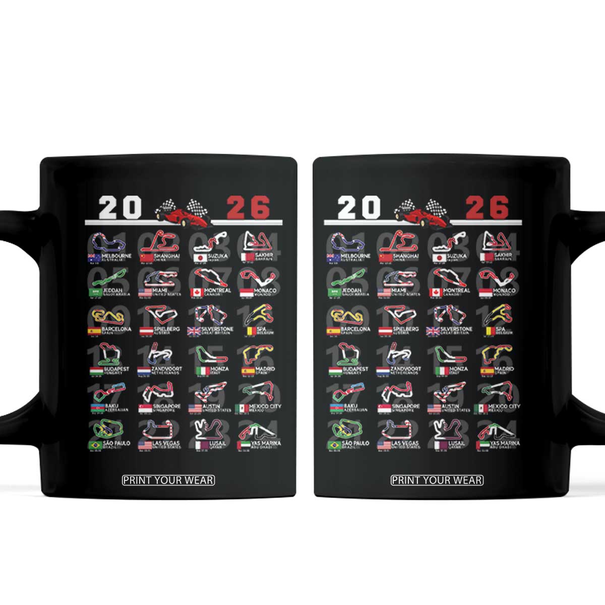 2026 Car Racing Circuit Coffee Mug International Race Track Schedule Graphic with Flags TS02 Black Print Your Wear