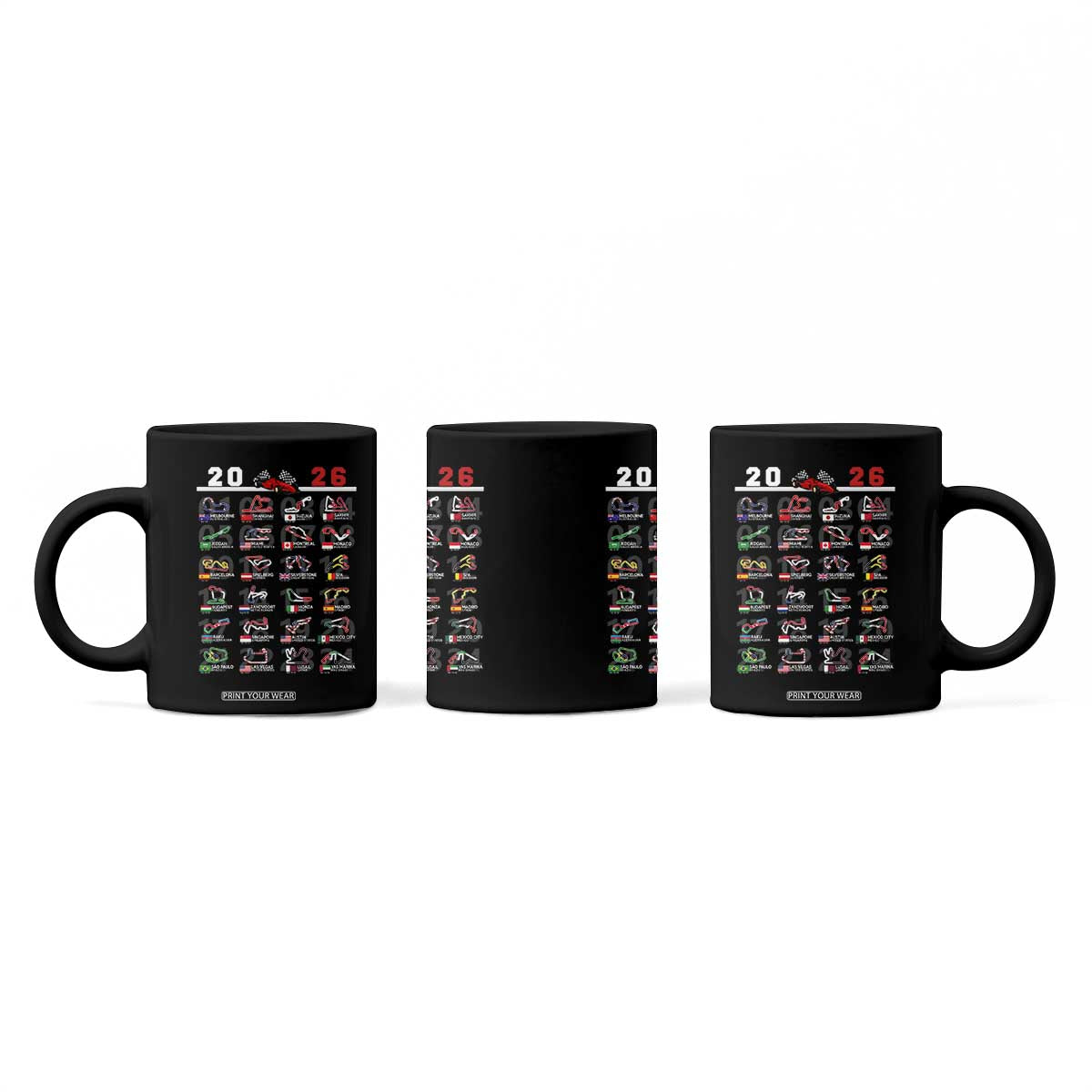 2026 Car Racing Circuit Coffee Mug International Race Track Schedule Graphic with Flags TS02 Print Your Wear