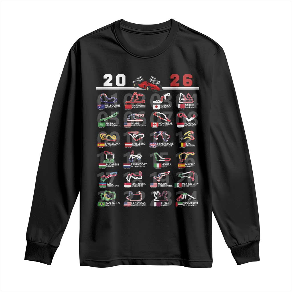 2026 Car Racing Circuit Long Sleeve Shirt International Race Track Schedule Graphic with Flags TS02 Black Print Your Wear