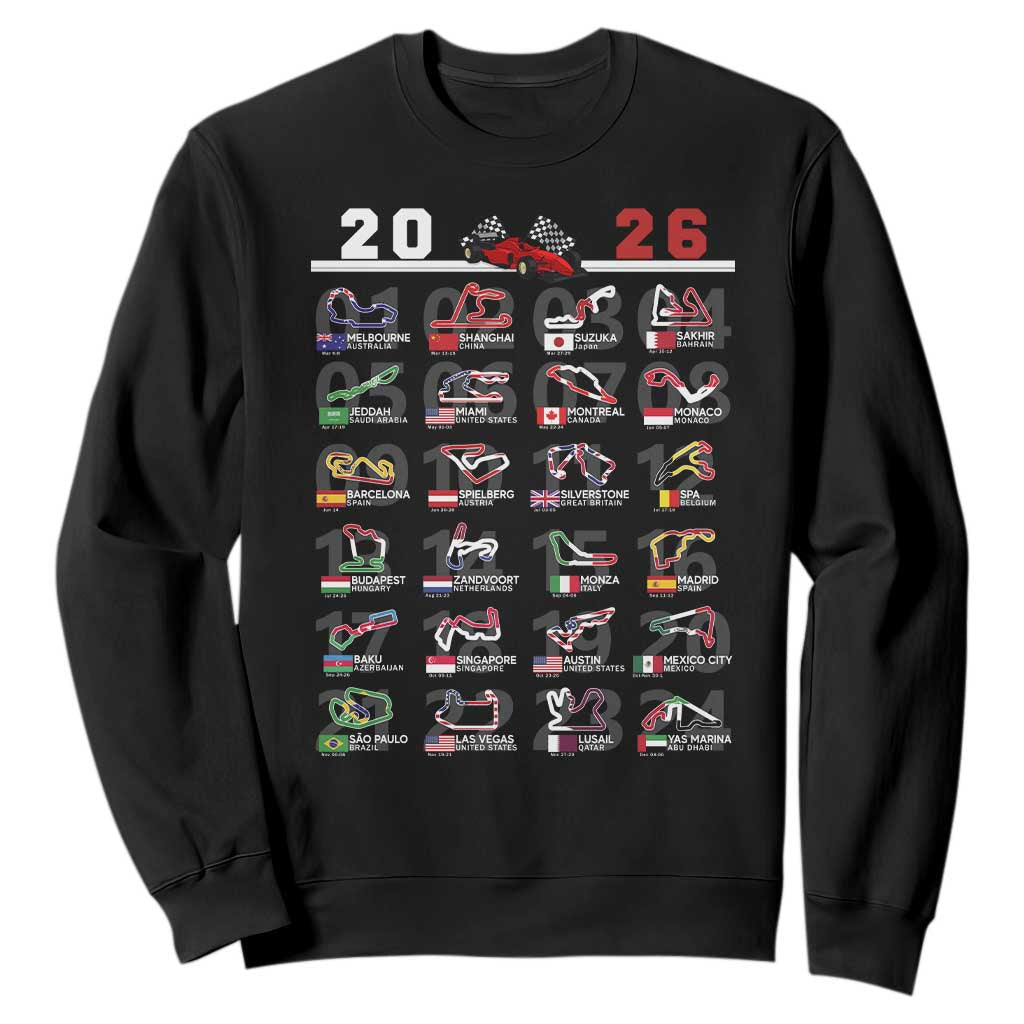 2026 Car Racing Circuit Sweatshirt International Race Track Schedule Graphic with Flags TS02 Black Print Your Wear