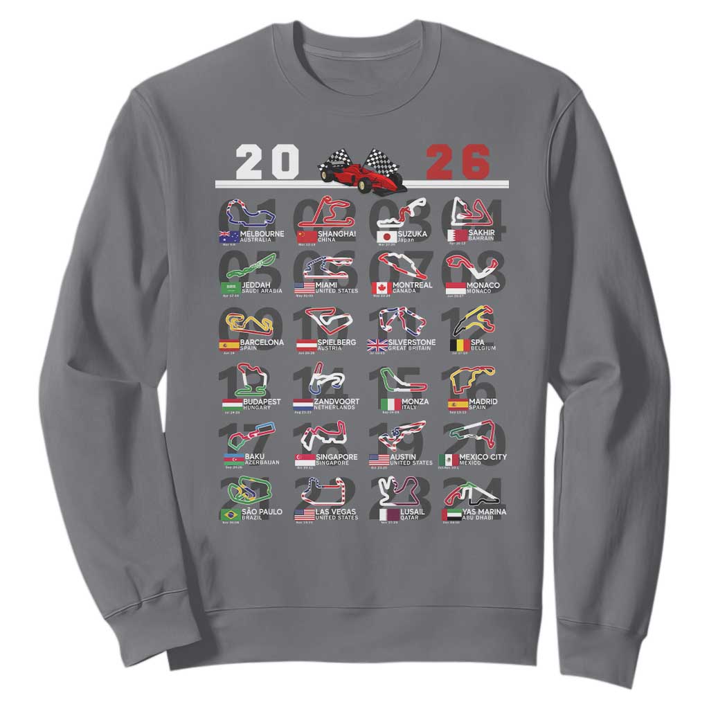 2026 Car Racing Circuit Sweatshirt International Race Track Schedule Graphic with Flags TS02 Charcoal Print Your Wear