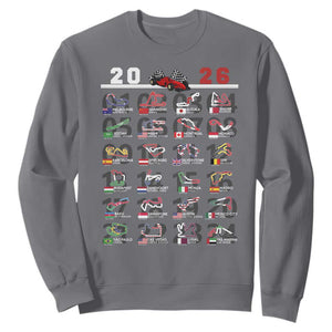 2026 Car Racing Circuit Sweatshirt International Race Track Schedule Graphic with Flags TS02 Charcoal Print Your Wear