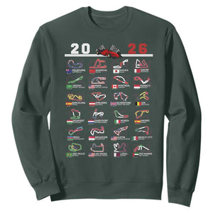 2026 Car Racing Circuit Sweatshirt International Race Track Schedule Graphic with Flags TS02 Dark Forest Green Print Your Wear