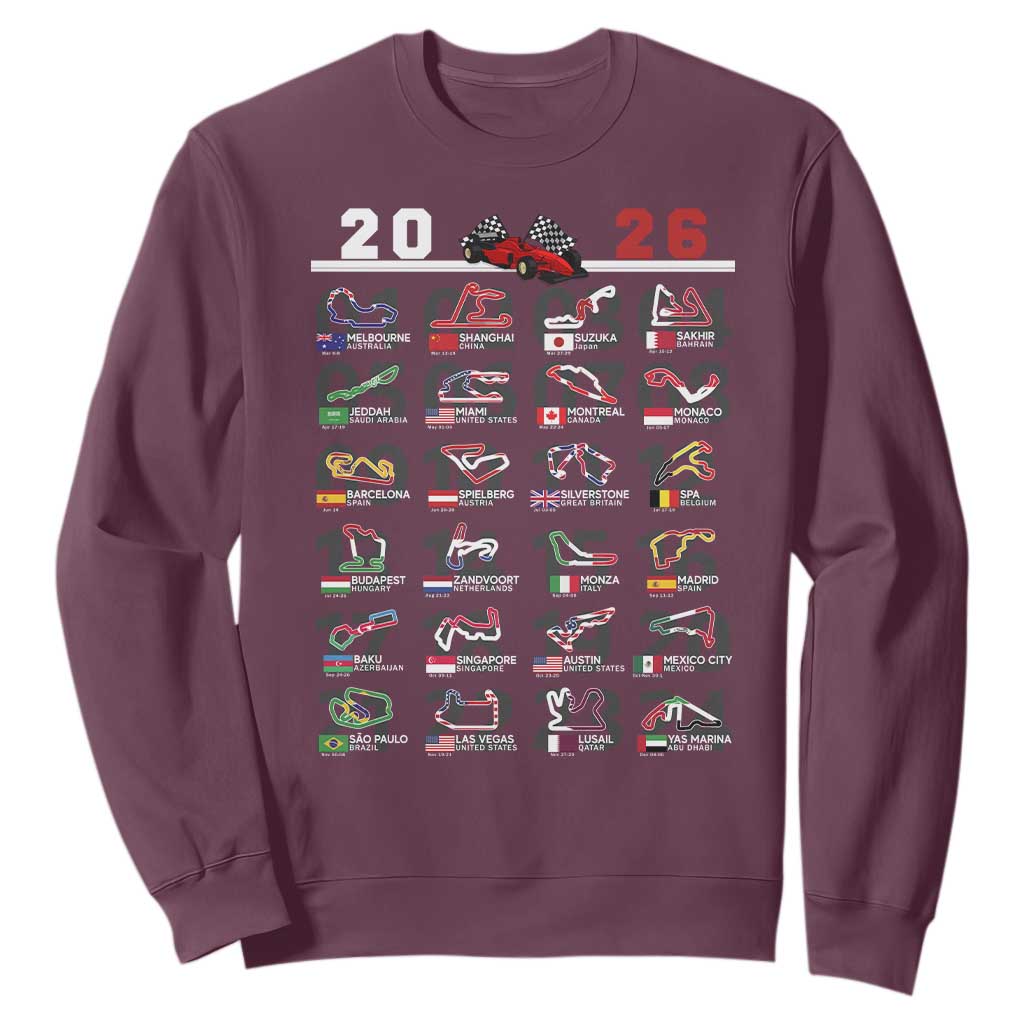 2026 Car Racing Circuit Sweatshirt International Race Track Schedule Graphic with Flags TS02 Maroon Print Your Wear
