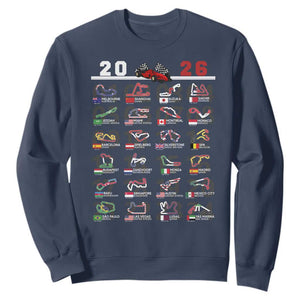 2026 Car Racing Circuit Sweatshirt International Race Track Schedule Graphic with Flags TS02 Navy Print Your Wear