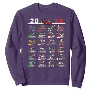 2026 Car Racing Circuit Sweatshirt International Race Track Schedule Graphic with Flags TS02 Purple Print Your Wear
