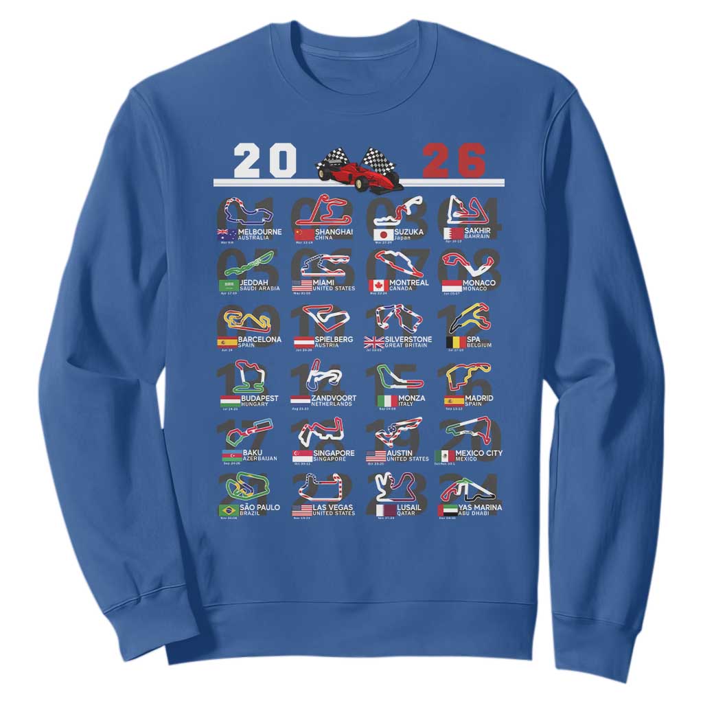 2026 Car Racing Circuit Sweatshirt International Race Track Schedule Graphic with Flags TS02 Royal Blue Print Your Wear