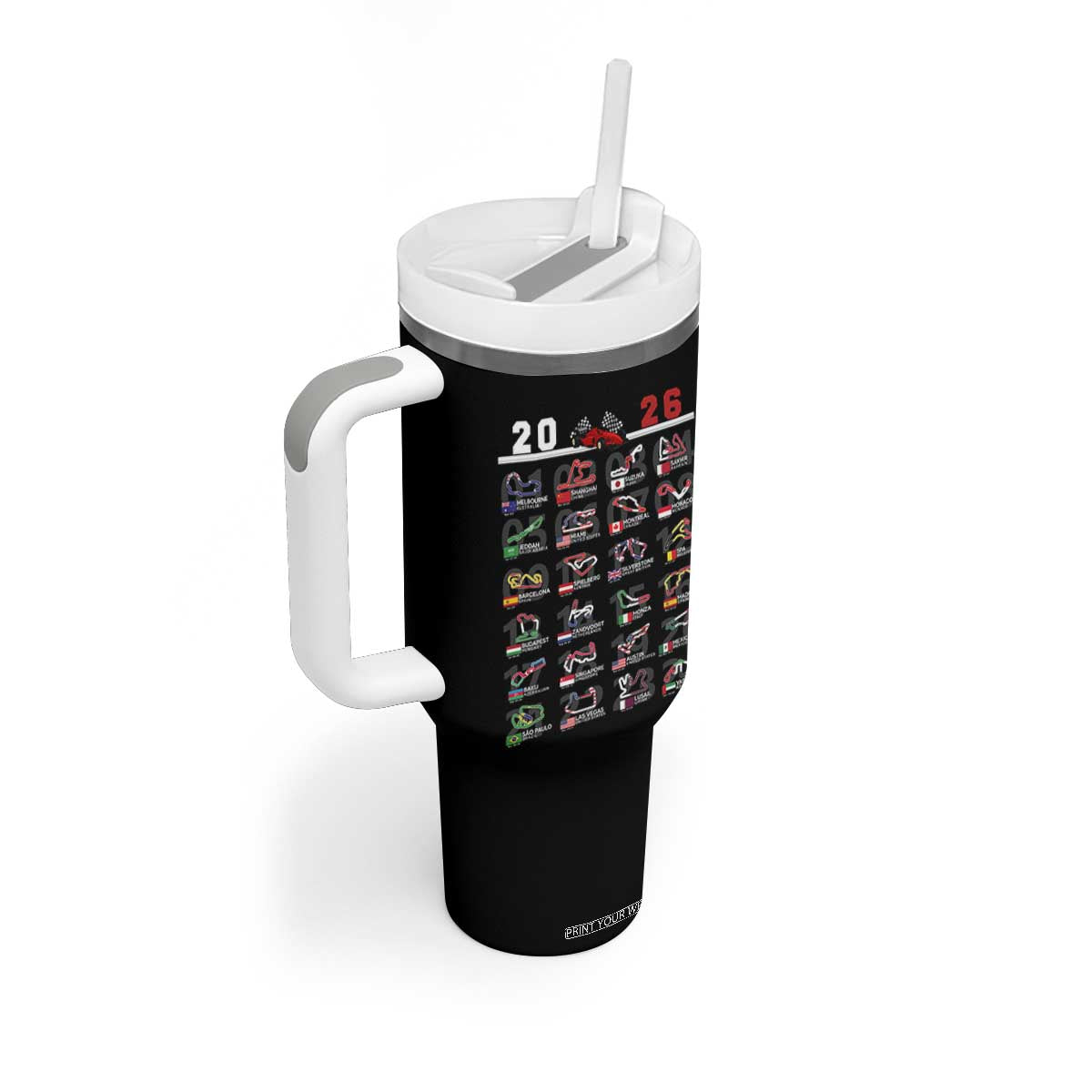 2026 Car Racing Circuit Tumbler With Handle International Race Track Schedule Graphic with Flags TS02 Print Your Wear