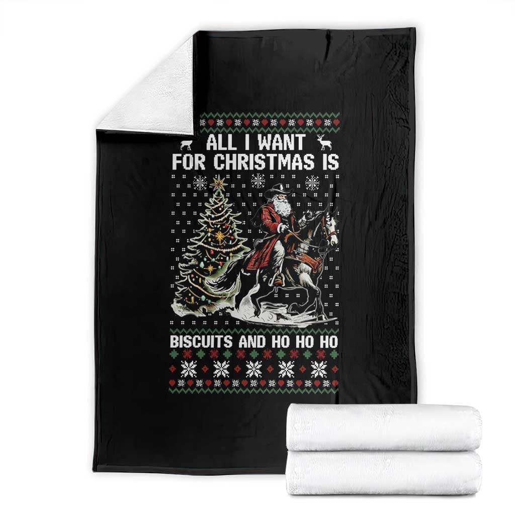 Funny Western Christmas Cowboy Santa Throw Blanket All I Want for Christmas Is Biscuits and Ho Ho Ho TS02 Black Print Your Wear
