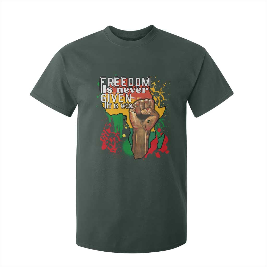 Black History Month T Shirt For Kid Freedom Is Never Given It Is Won Equal Rights Raised Fist TS02 Dark Forest Green Print Your Wear