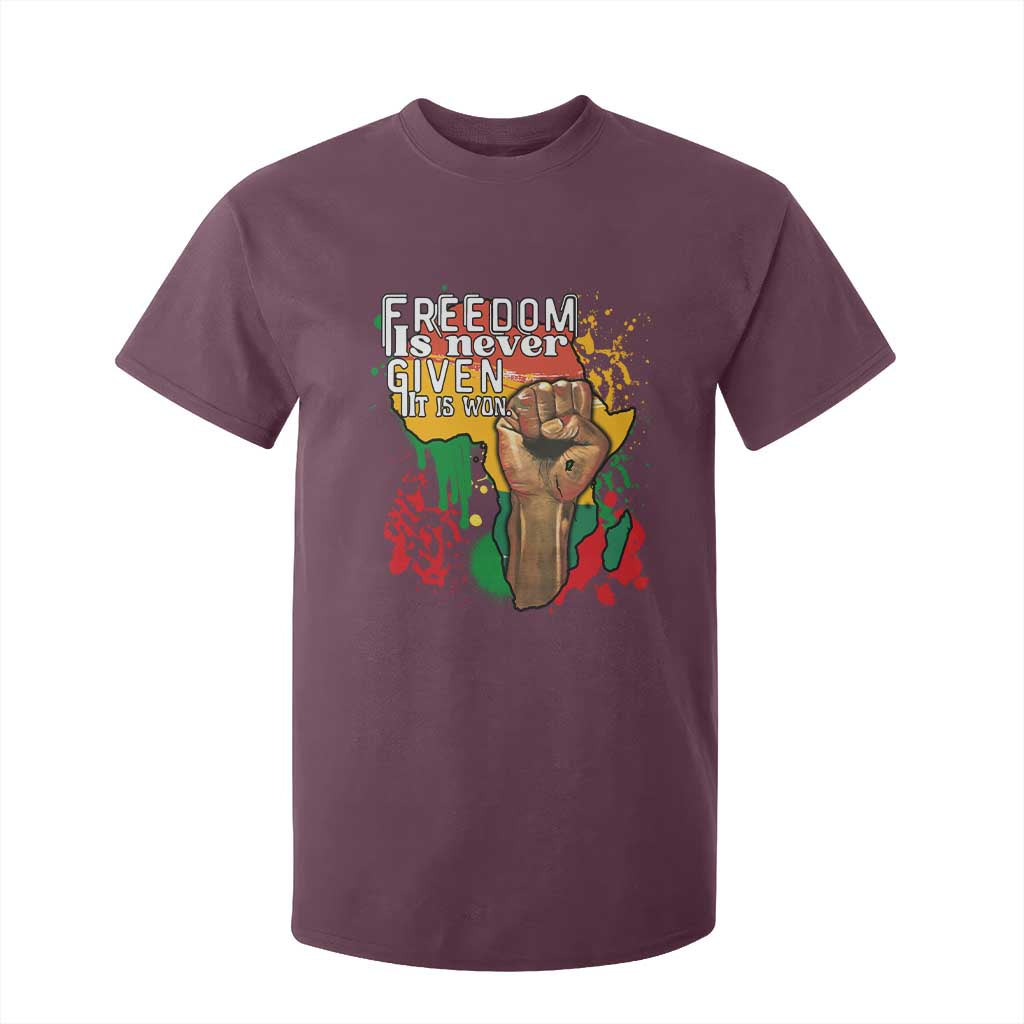 Black History Month T Shirt For Kid Freedom Is Never Given It Is Won Equal Rights Raised Fist TS02 Maroon Print Your Wear