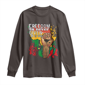 Black History Month Long Sleeve Shirt Freedom Is Never Given It Is Won Equal Rights Raised Fist TS02 Dark Chocolate Print Your Wear