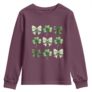 St Patricks Day Coquette Bow Youth Sweatshirt Lucky Shamrock Aesthetic TS02 Maroon Print Your Wear