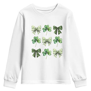 St Patricks Day Coquette Bow Youth Sweatshirt Lucky Shamrock Aesthetic TS02 White Print Your Wear