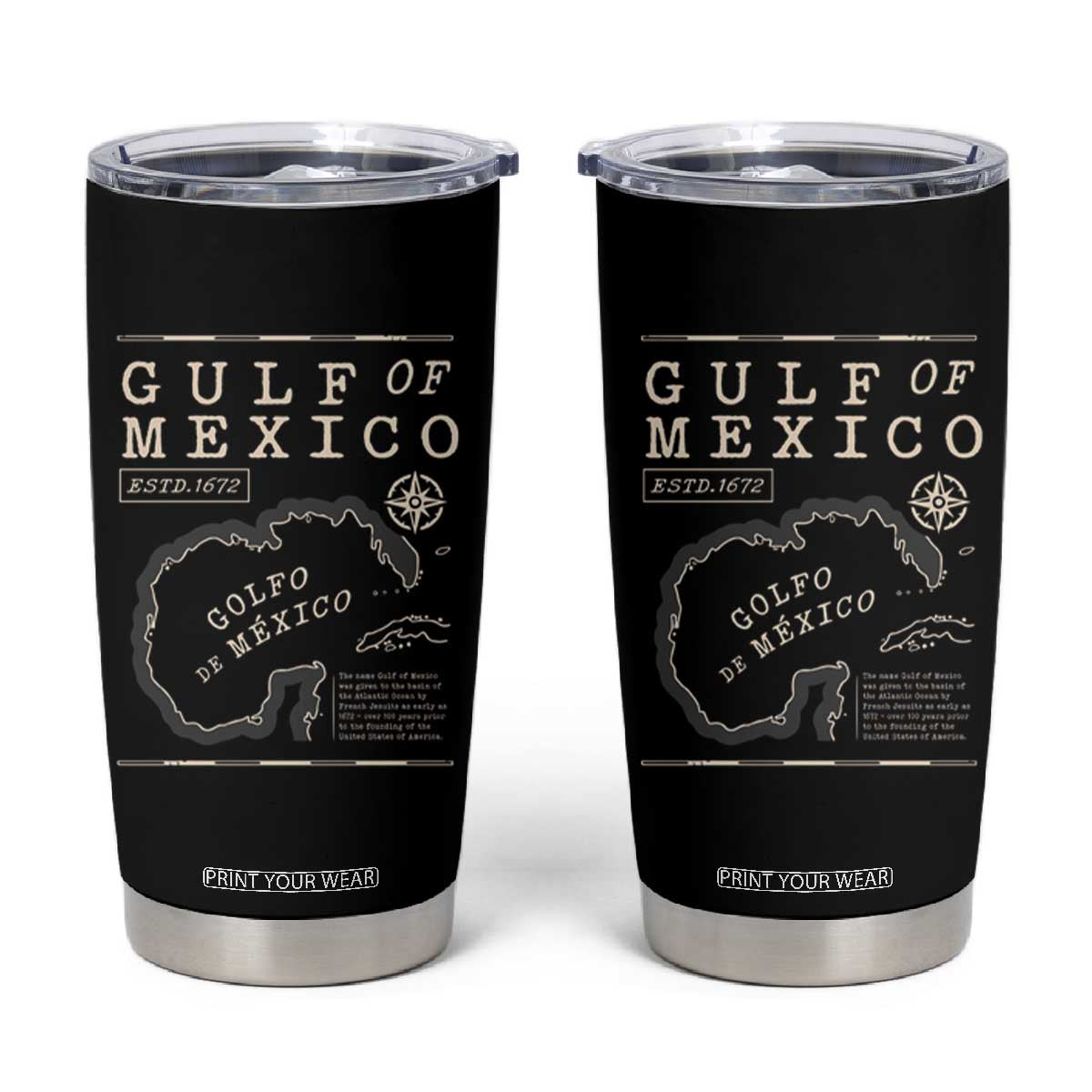 Gulf of Mexico Tumbler Cup Golfo De Mexico Historic Map 1672 TS02 Black Print Your Wear