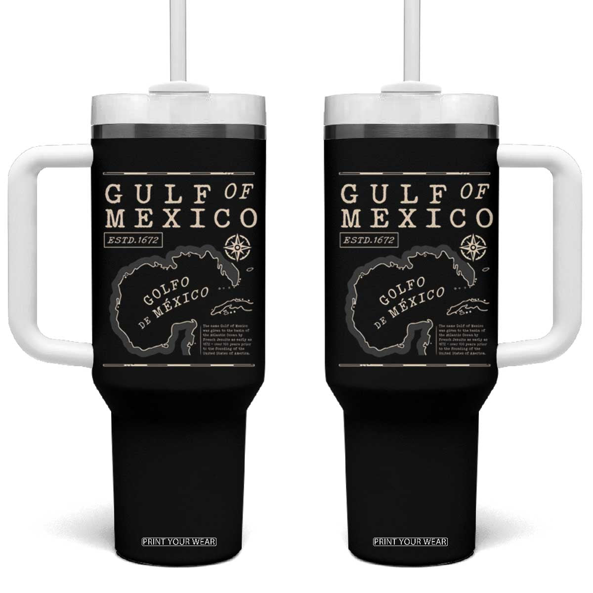 Gulf of Mexico Tumbler With Handle Golfo De Mexico Historic Map 1672 TS02 One Size: 40 oz Black Print Your Wear