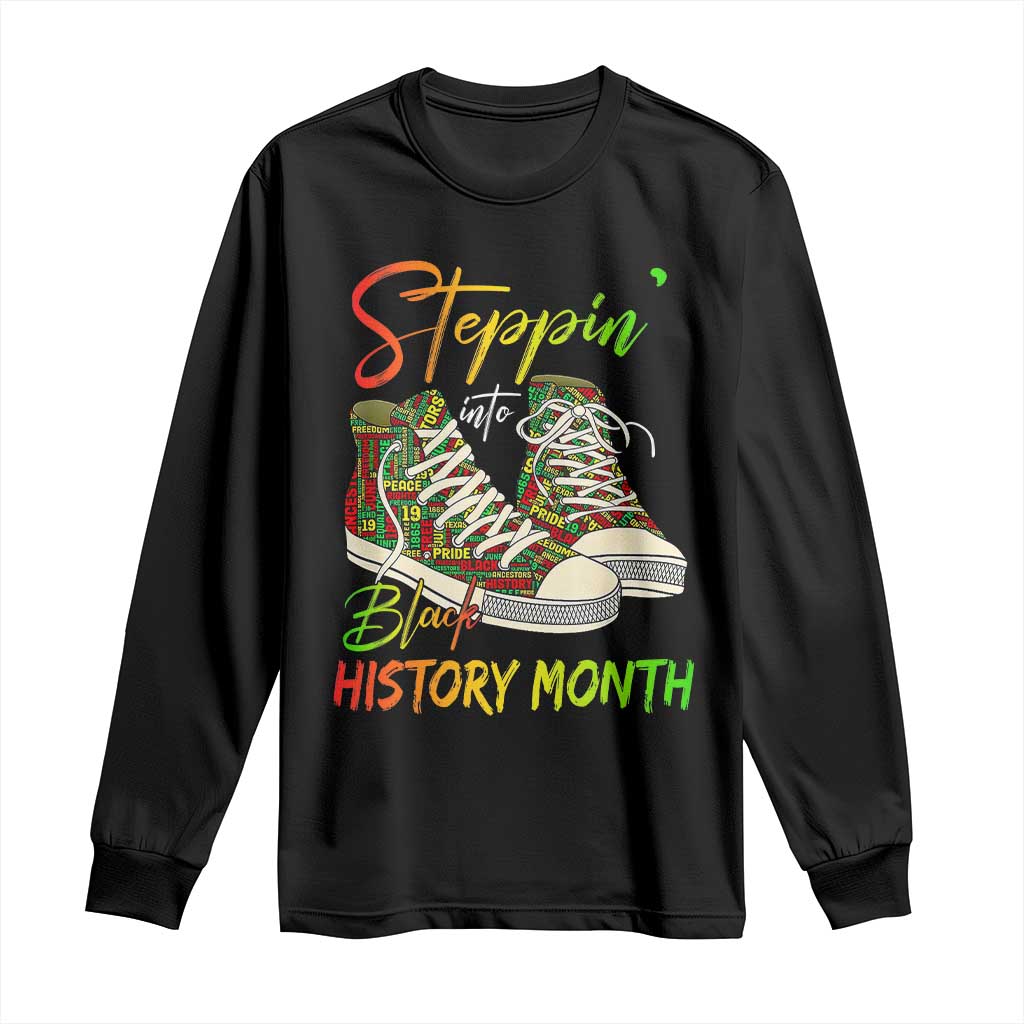 Stepping Into Black History Month Long Sleeve Shirt Sneakers TS02 Black Print Your Wear