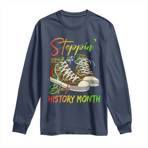 Stepping Into Black History Month Long Sleeve Shirt Sneakers TS02 Navy Print Your Wear