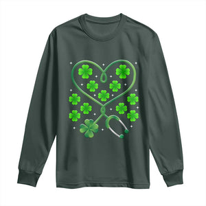 Funny Nurse St Patricks Day Long Sleeve Shirt Nursing Stethoscope Green Clover Shamrock TS02 Dark Forest Green Print Your Wear