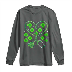 Funny Nurse St Patricks Day Long Sleeve Shirt Nursing Stethoscope Green Clover Shamrock TS02 Dark Heather Print Your Wear