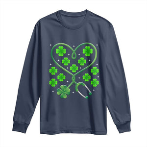 Funny Nurse St Patricks Day Long Sleeve Shirt Nursing Stethoscope Green Clover Shamrock TS02 Navy Print Your Wear