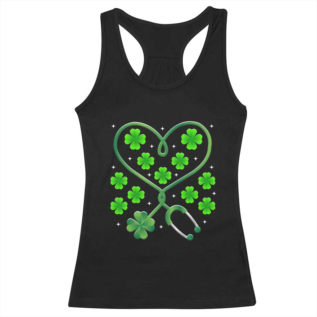 Funny Nurse St Patricks Day Racerback Tank Top Nursing Stethoscope Green Clover Shamrock TS02 Black Print Your Wear